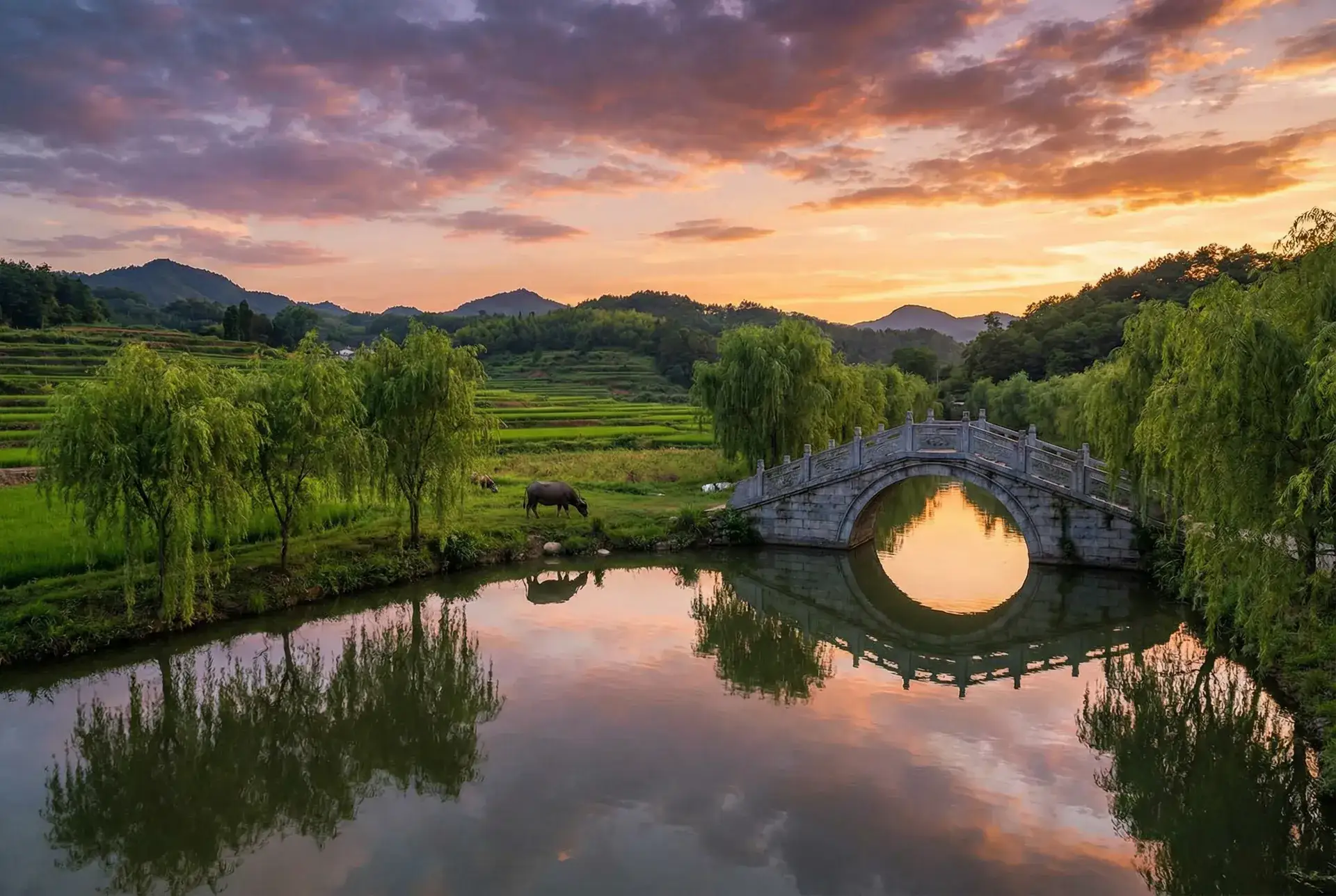 夕阳下的石拱桥与垂柳，水牛在河边吃草 - 地味变未增删动漫樱花动漫在线观看 乡村美景